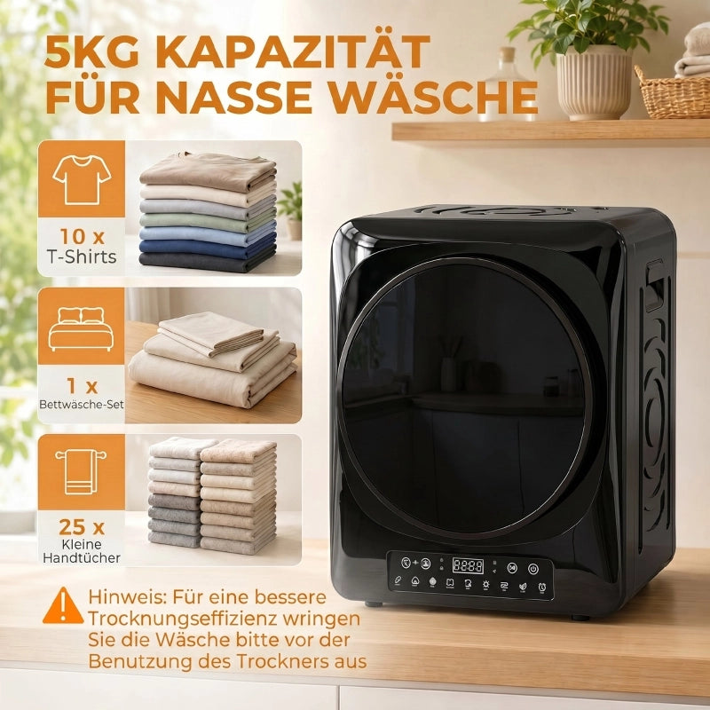 Asciugatrice compatta a ventilazione da 1000 W con modalit¨¤ extra dry ed ECO, timer e impostazioni di temperatura, nera