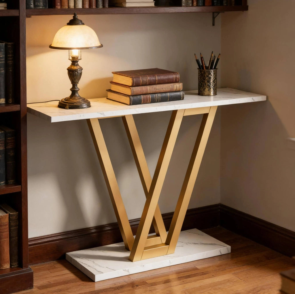 Tavolo consolle stretto 110x30x80 cm in MDF e metallo bianco e oro