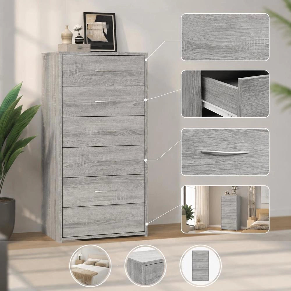 Sideboard With 6 Drawers, Sonoma Grey, 50x34x96cm, Wood-based Material