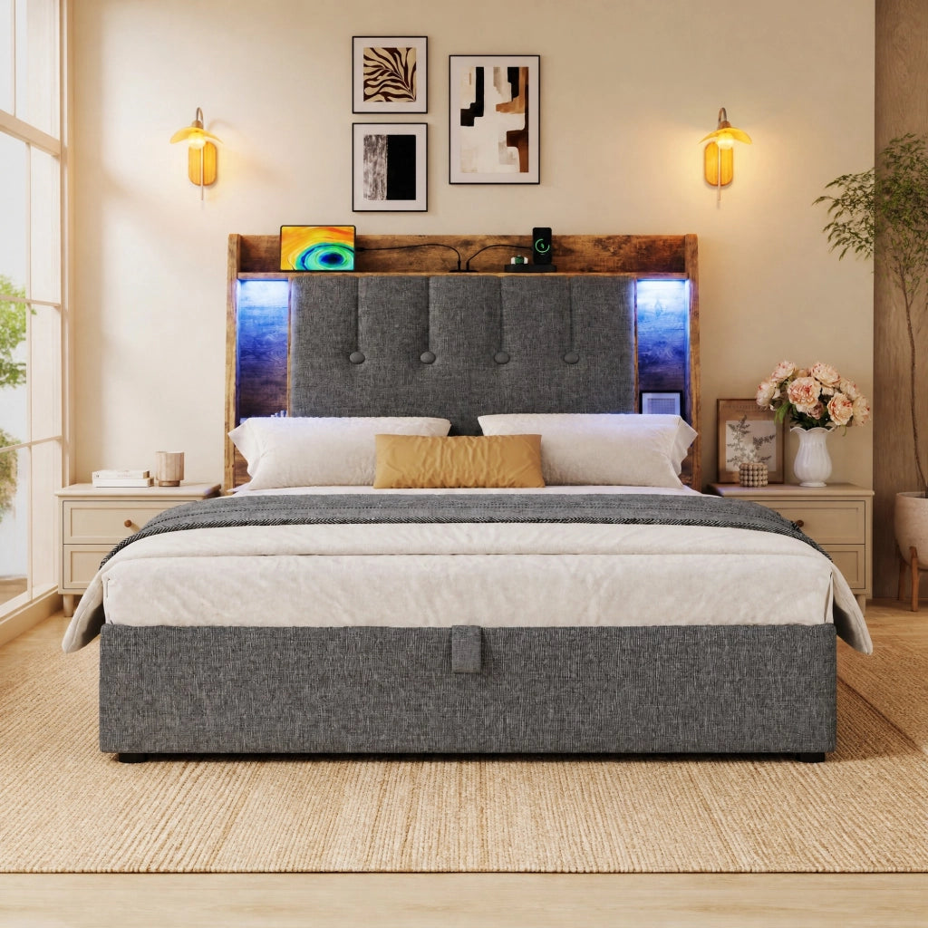 Letto imbottito 90x200 cm con contenitore; USB e Tipo C; LED; lino grigio