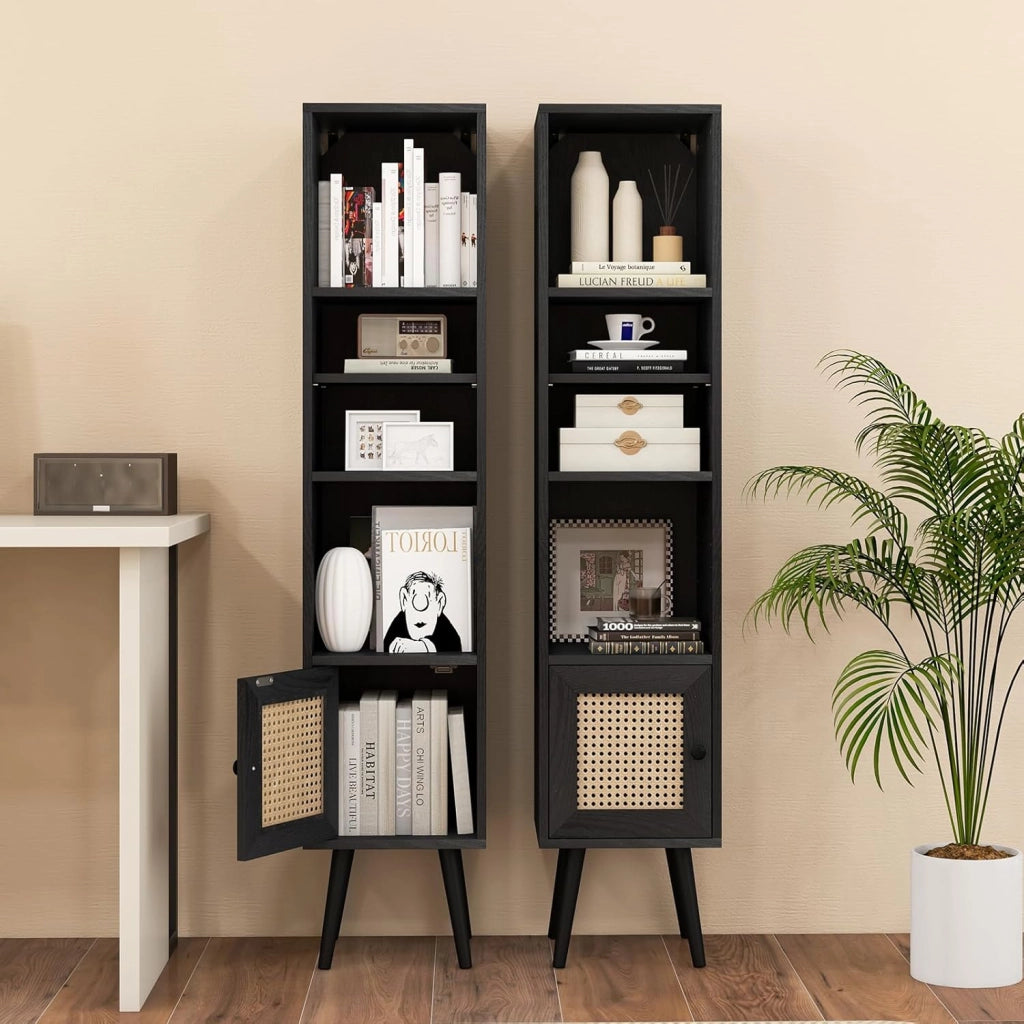Libreria, armadietto sottile con 4 ripiani e porte, scaffale per soggiorno e ufficio, 29,5 x 29,5 x 137 cm (nero)