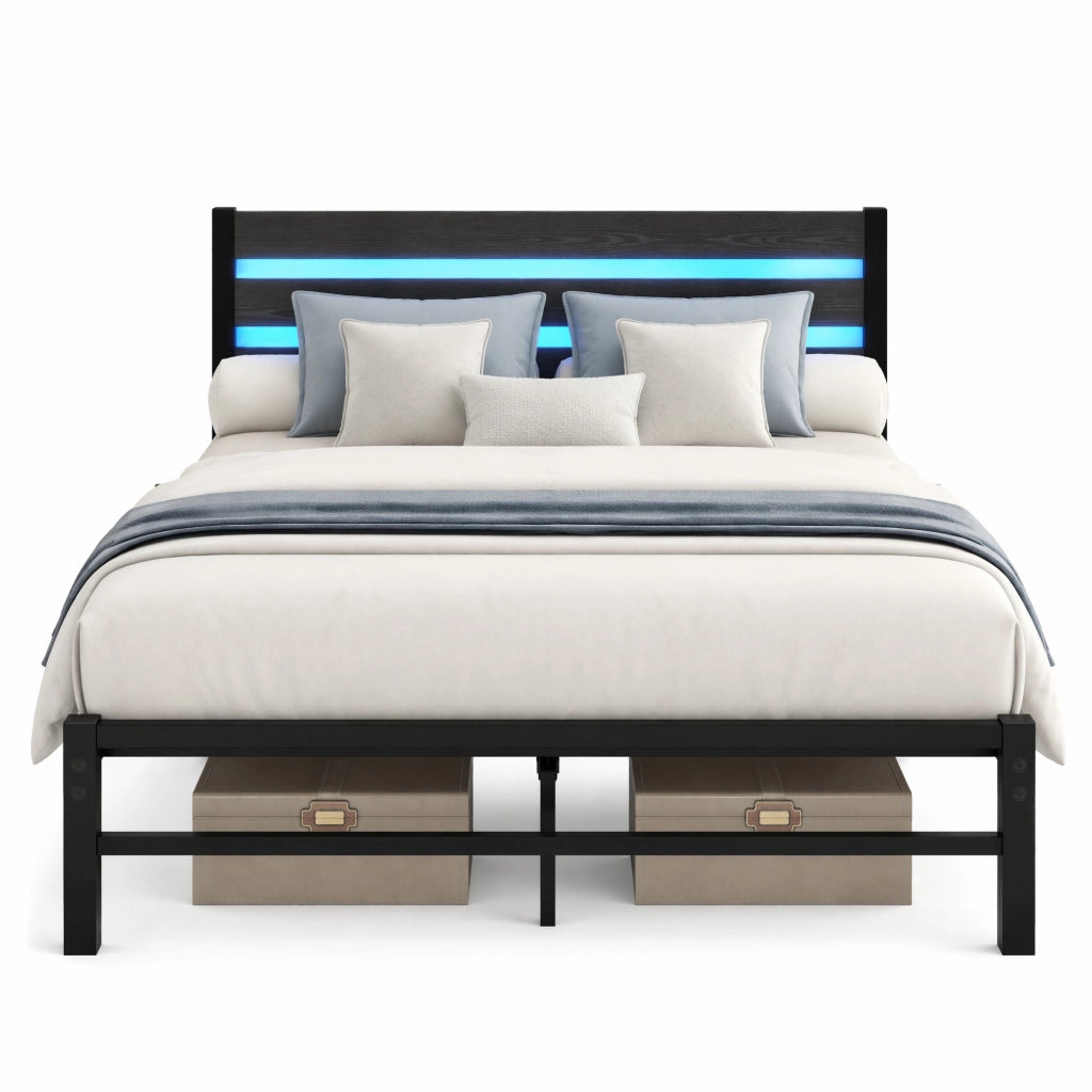 Letto matrimoniale 140x200 cm con struttura in metallo, testiera in MDF, LED RGB e vano sottoletto