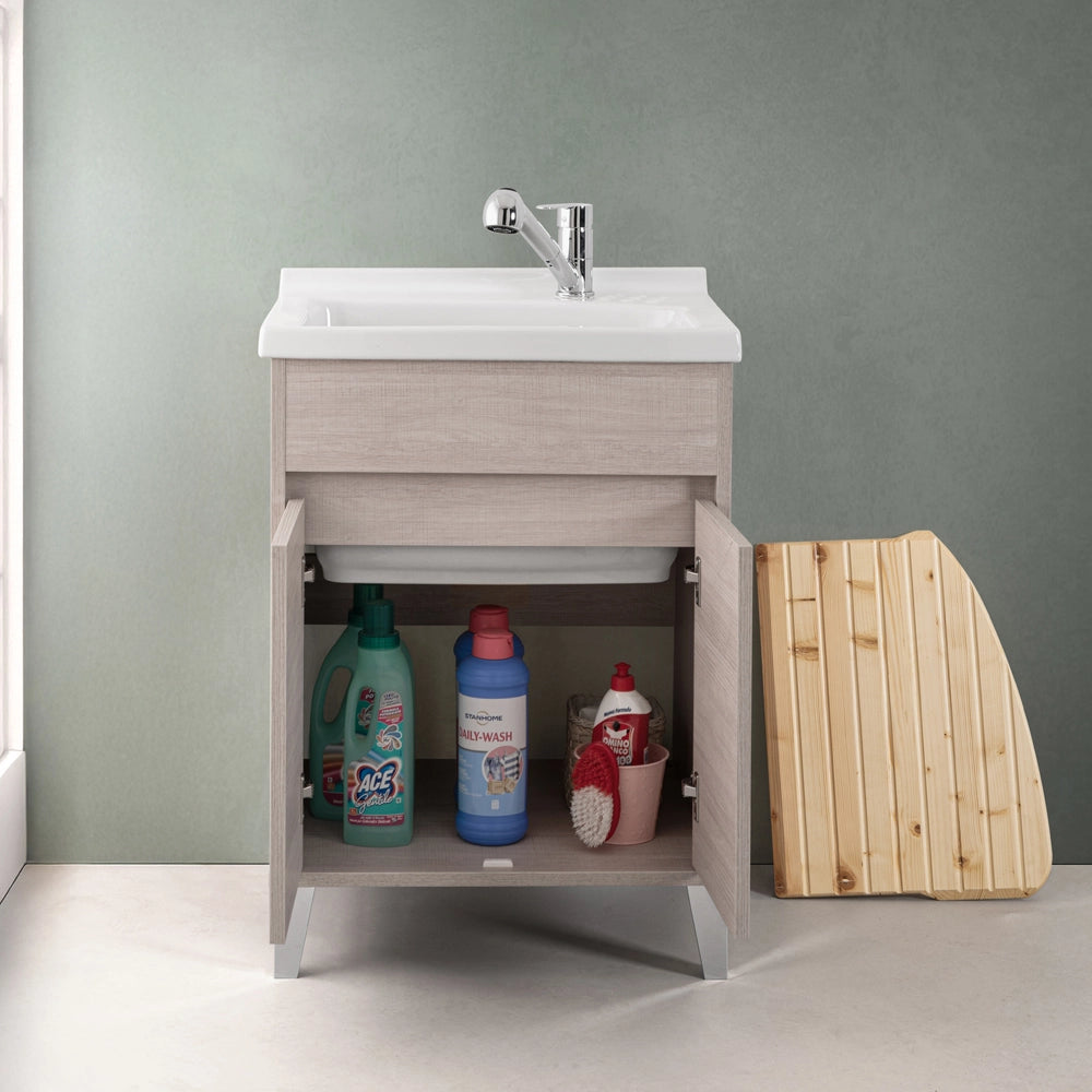 Mobile lavatoio 60x50 rovere chiaro Way con vasca in ceramica Dolomite