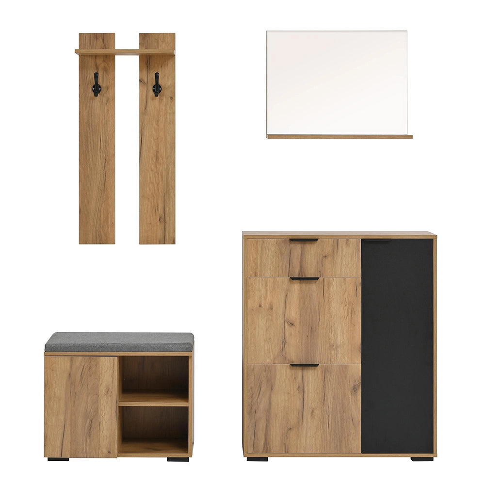 Set vestiario per corridoio - Xylo - con panchina, armadio, specchio, 2 ganci, 4 ante, 140x35x139 cm