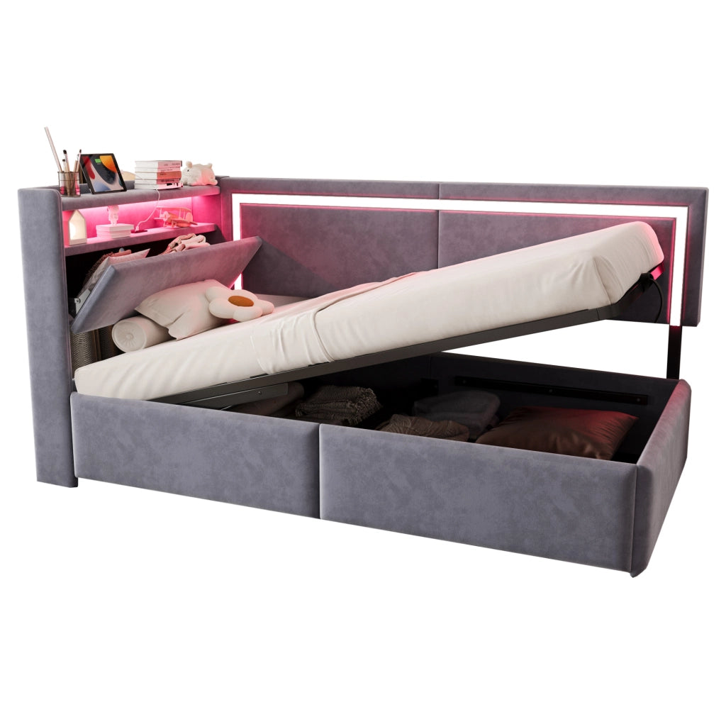 Letto imbottito multifunzionale 90x200 cm con contenitore, LED e USB