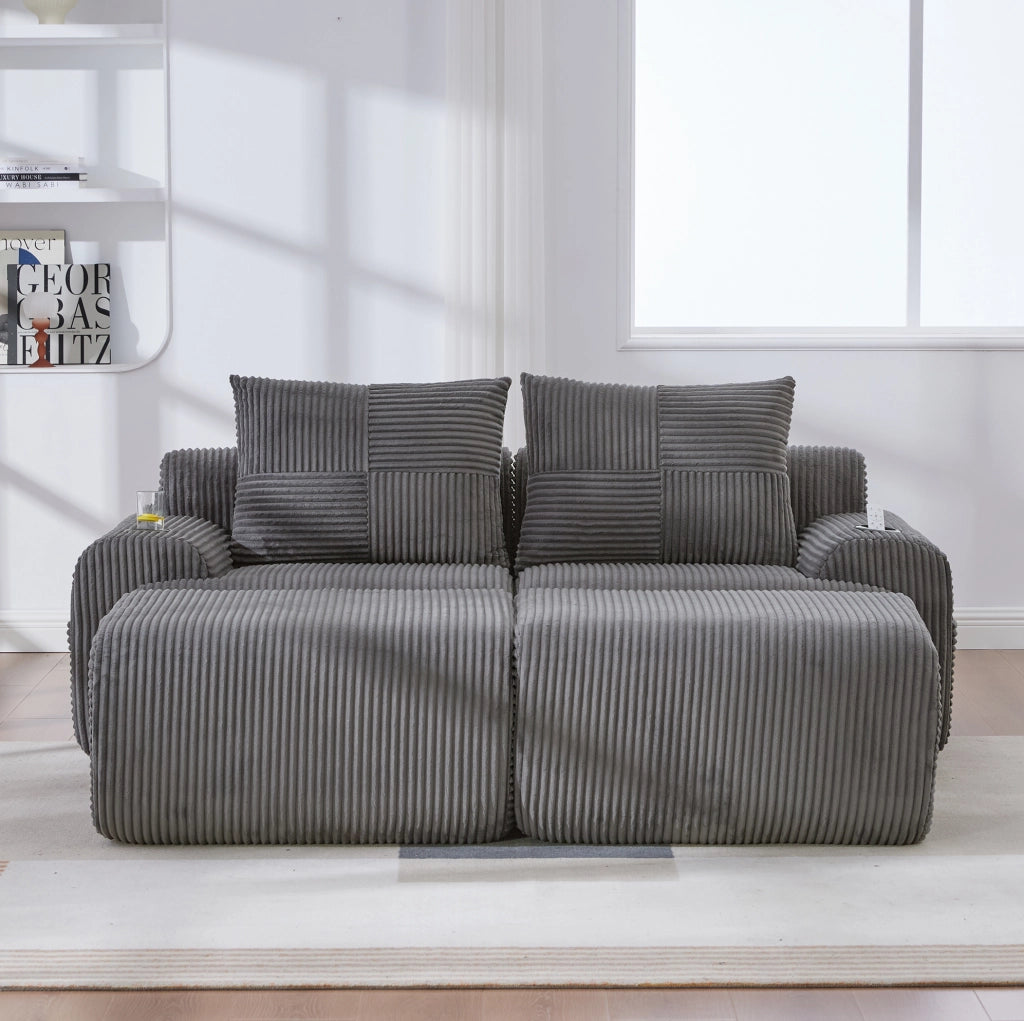Divano modulare 2 posti in corduroy con portabicchieri e tasca laterale; grigio scuro 200x174x80 cm