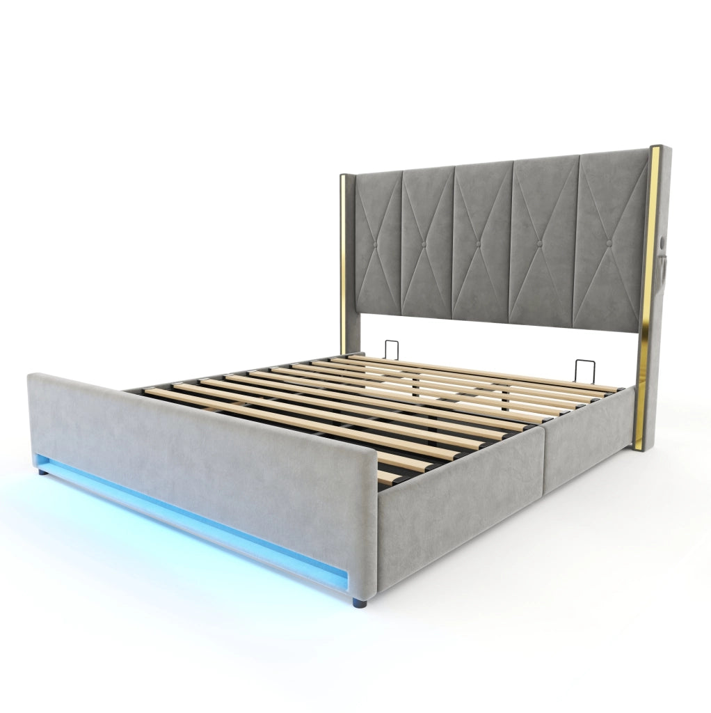 Letto imbottito 180x200 cm con contenitore; USB Type-C e LED in velluto grigio scuro