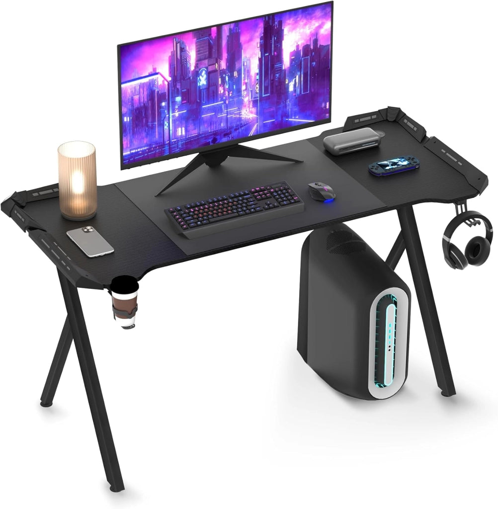 Tavolo da gioco con LED, 140 x 60 cm, scrivania da gioco con porta bevande e gancio per cuffie, tavolo da gioco con rivestimento in fibra di carbonio, nero, telaio a Y