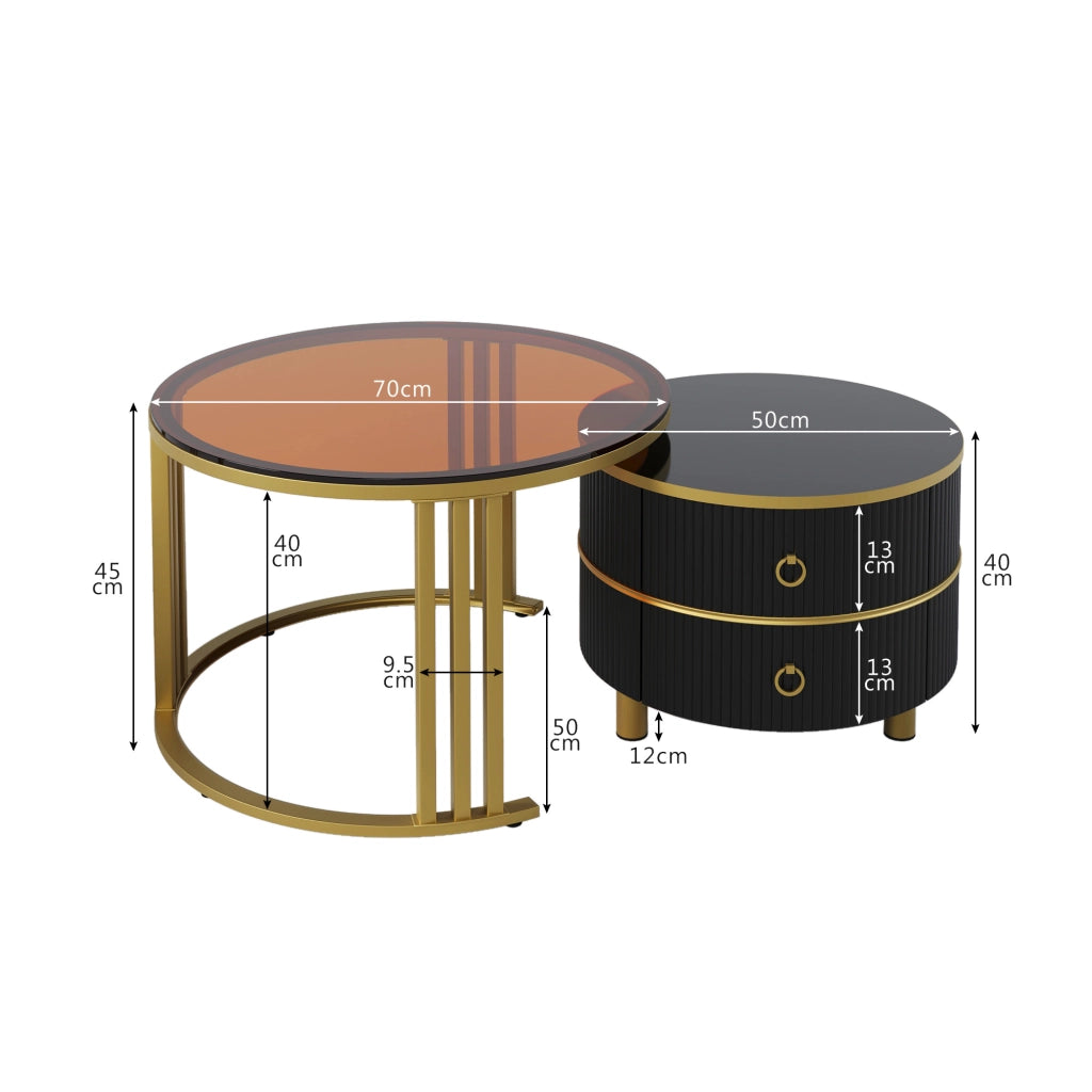 Tavolini da Caffè Rotondi a Nido con 2 Cassetti; Piano Lucido e Vetro Temperato Marrone; Moderno; Nero; 70×70×45 + 50×50×40 cm
