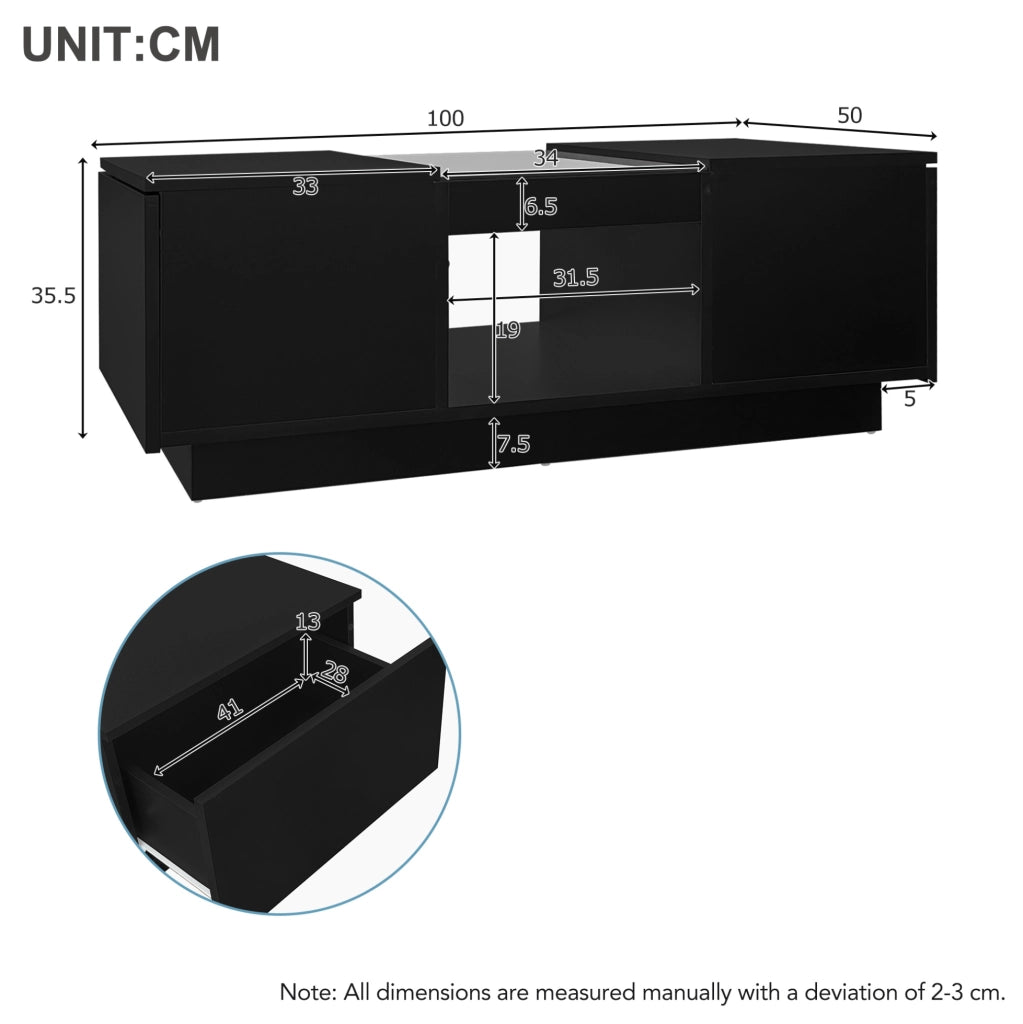 Tavolino 100x50x35，5 cm nero con vetro， LED e app， 2 cassetti