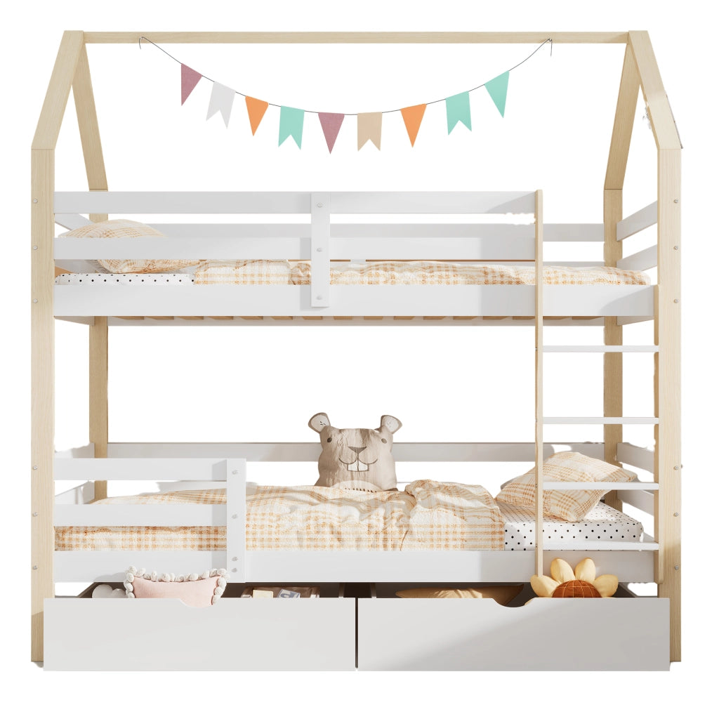 Letto a casetta per bambini 90x200 cm in legno di pino, con grandi cassetti e rete a doghe, bianco e rovere