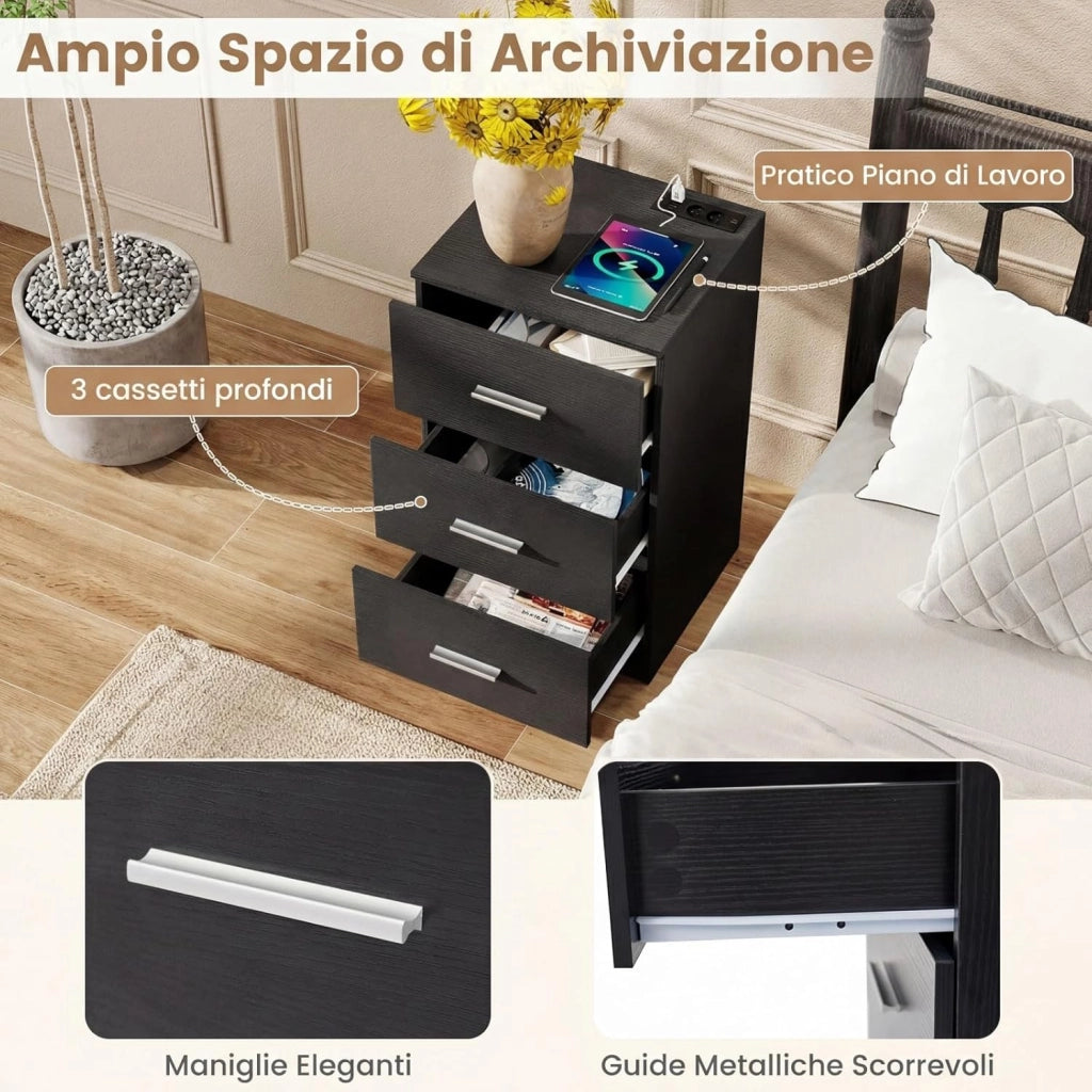 Comodino Camera da Letto 37 x 34 x 66,5cm, Cassettiera in Legno Moderno con 3 Cassetti, Mobile Salvaspazio per Soggiorno, Ufficio e Camerretta (1,Nero Legno)