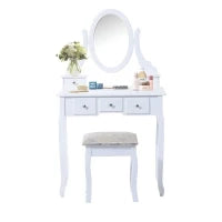 Toeletta Tavolo da Trucco con Specchiera e Sgabello Imbottito, Legno, Bianco