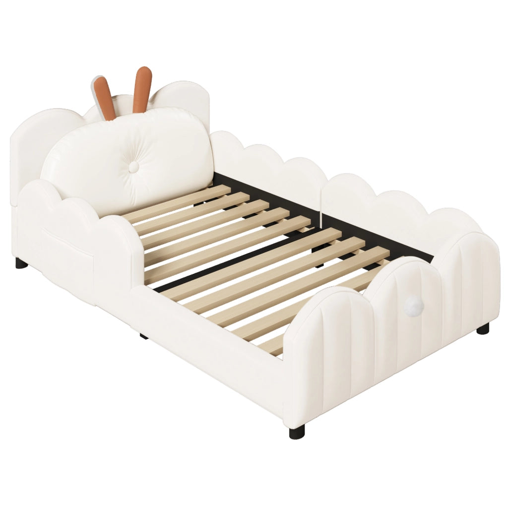 Letto Basso 90x200 cm; 1 Posto - Cuscino Testiera; Sponde Protettive - Beige
