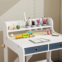Scrivania e Sedia per Bambini con 2 Cassetti, Ripiano Superiore e Porta-bicchieri, 62,8x55,6x73,8 cm, Bianco