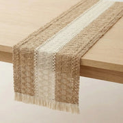Tavolo da pranzo in cotone e lino - tovagliato in juta - con pennelli - per decorazione da tavola per ristoranti , feste di famiglia , matrimoni , Natale - stile bohemiano - neutro Tavolo da pranzo in stile bohemiano - bianco e kaki - 30 x 240 cm