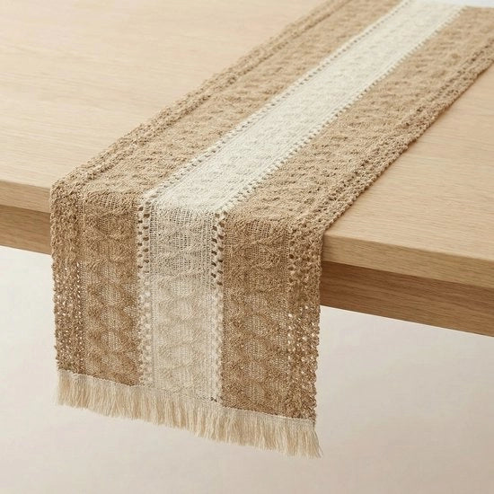 Tavolo da pranzo in cotone e lino - tovagliato in juta - con pennelli - per decorazione da tavola per ristoranti , feste di famiglia , matrimoni , Natale - stile bohemiano - neutro Tavolo da pranzo in stile bohemiano - bianco e kaki - 30 x 240 cm