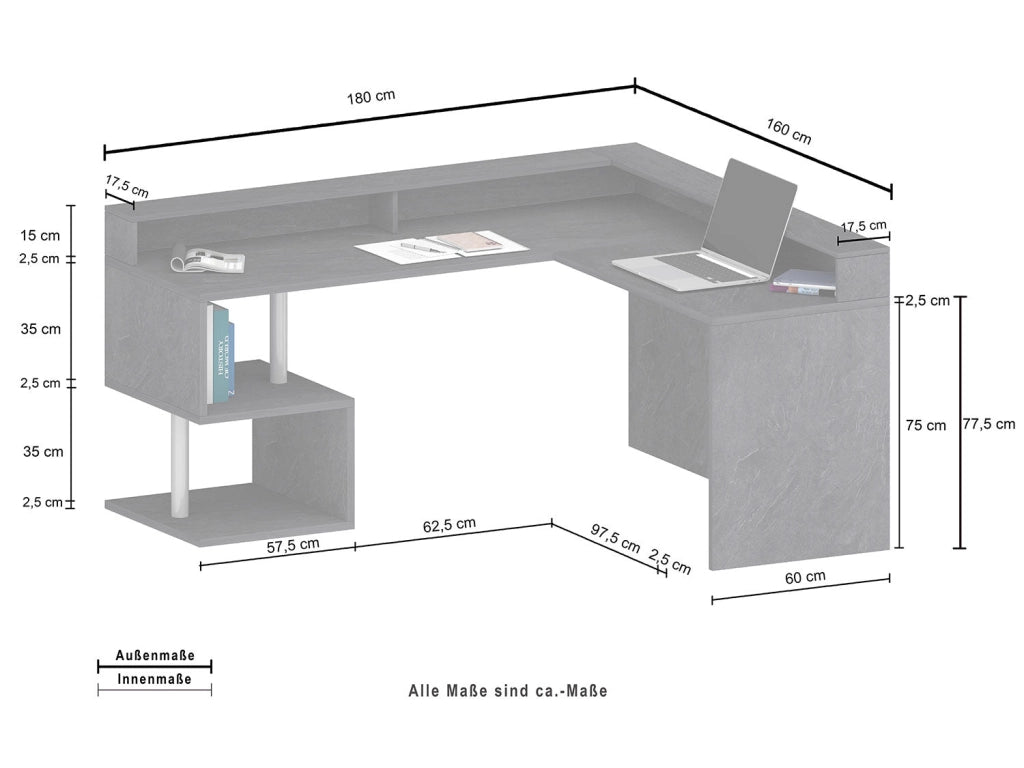 Scrivania Angolare a Giorno 182x160x60x92,5h cm Esse Rovere Wotan