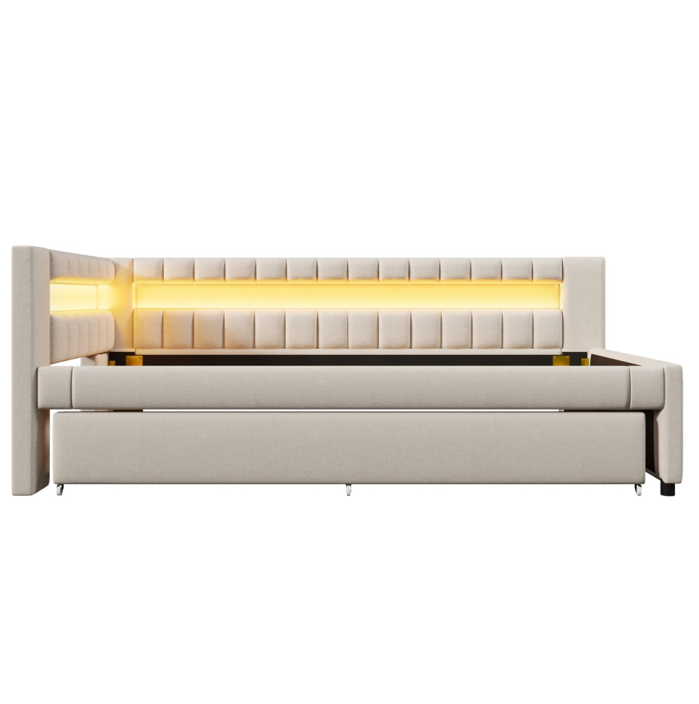 Divano letto beige 90 x 200 cm con letto estraibile, LED, USB e Type-C