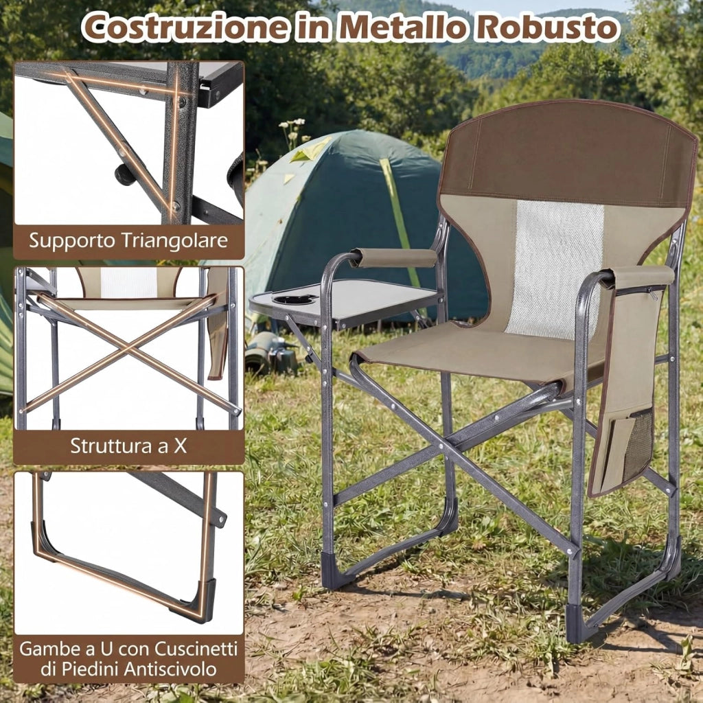 Sedia da Campeggio Pieghevole, Sedia da Regista con Tavolino Laterale, Portabicchieri e Tasca Portaoggetti, Portata 180 kg, Poltrona da Esterno per Spiaggia, Pesca e Picnic (Marrone)