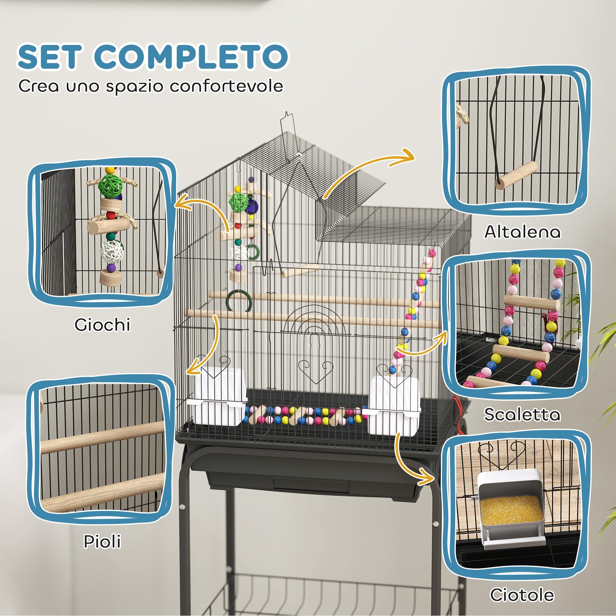 Gabbia per Uccelli con Piedistallo 46x36x120 cm Ruote Girevoli Ripiano e Accessori Nero