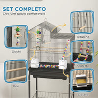 Gabbia per Uccelli con Piedistallo 46x36x120 cm Ruote Girevoli Ripiano e Accessori Nero