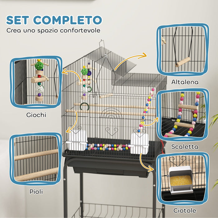 Gabbia per Uccelli con Piedistallo 46x36x120 cm Ruote Girevoli Ripiano e Accessori Nero