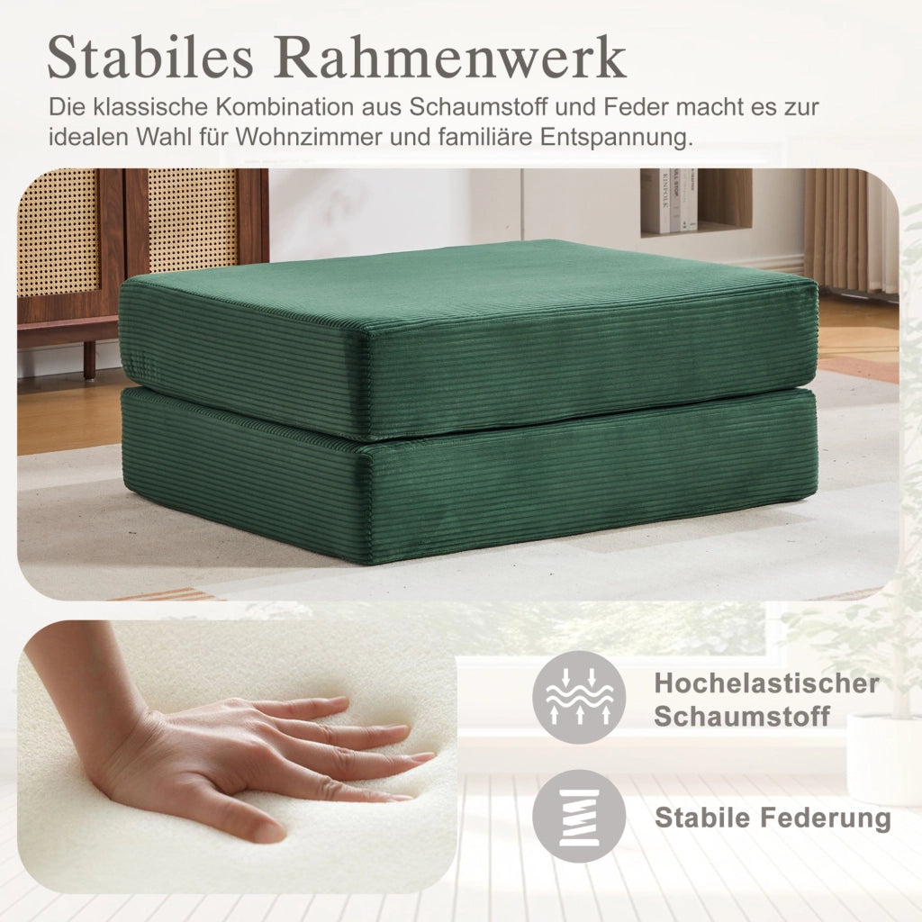 Pouf pieghevole trasformabile in letto singolo; 109x95x43 cm; in corduroy verde smeraldo