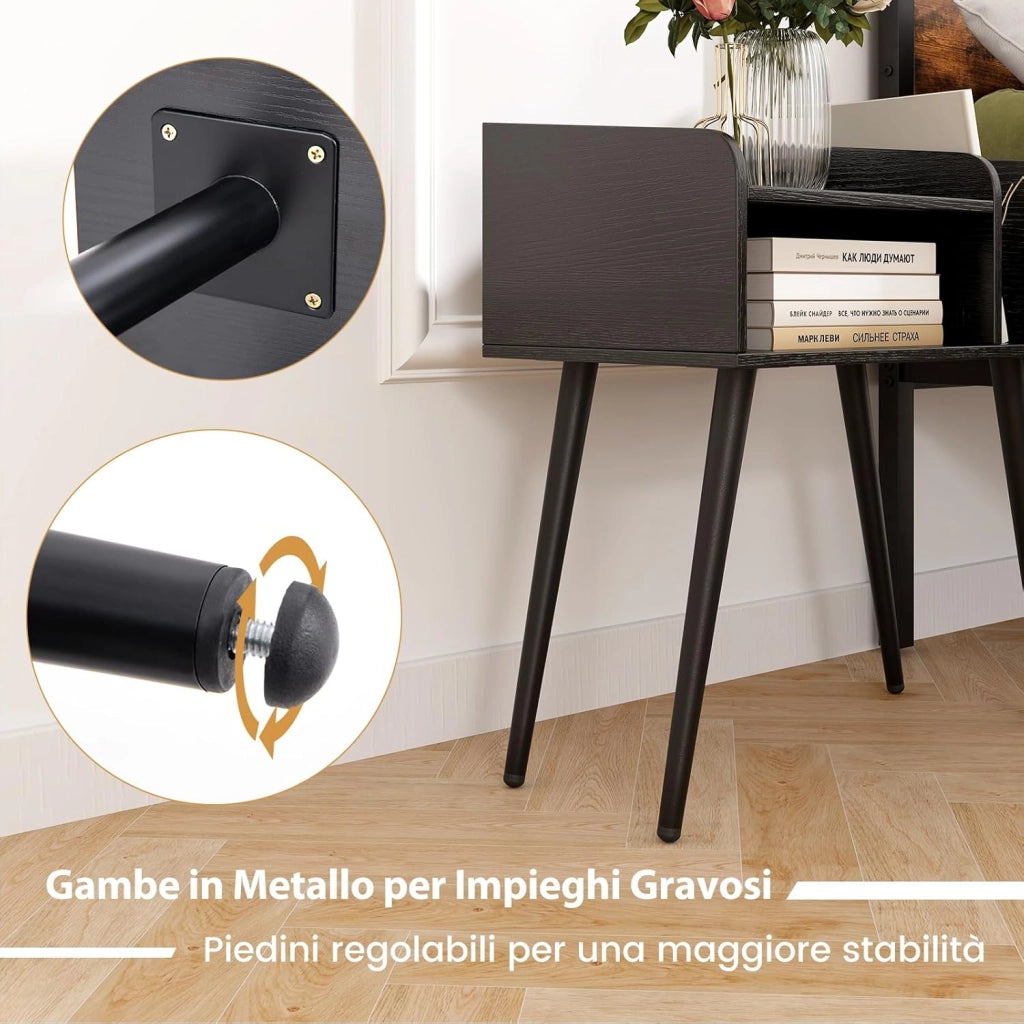 Comodino 50 x 32 x 58cm, Tavolino Moderno con Mensole Aperte, Gambe in Metallo e Poggiapiedi Regolabili, Comò Ideale per Soggiorno e Camera da Letto (Nero,2)