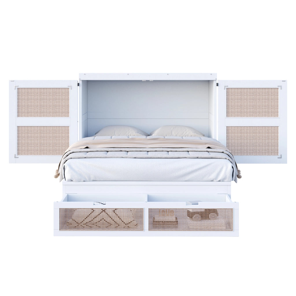 OKWISH Letto a Scomparsa 140×200 cm, Letto Matrimoniale con Cassetti, Ante in Rattan e Vano Contenitore, senza Materasso, Bianco