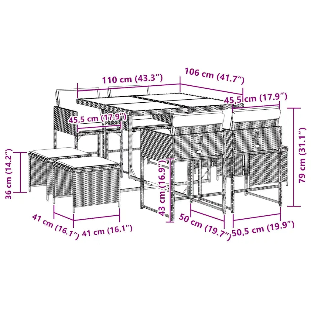 Set da Pranzo da Giardino 9 pz con Cuscini in Polyrattan Grigio