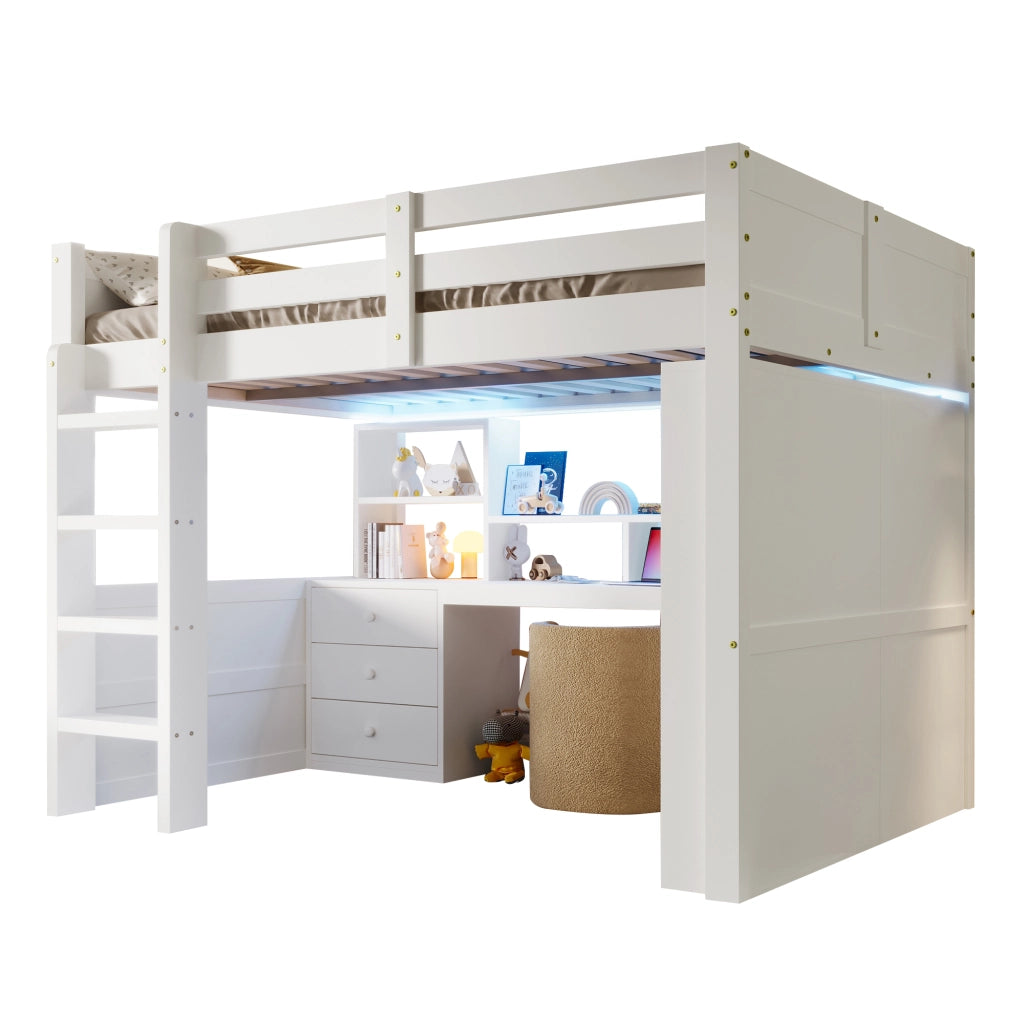 Letto a castello bianco in pino con luci LED armadio scrivania e cassetti 140x200 cm