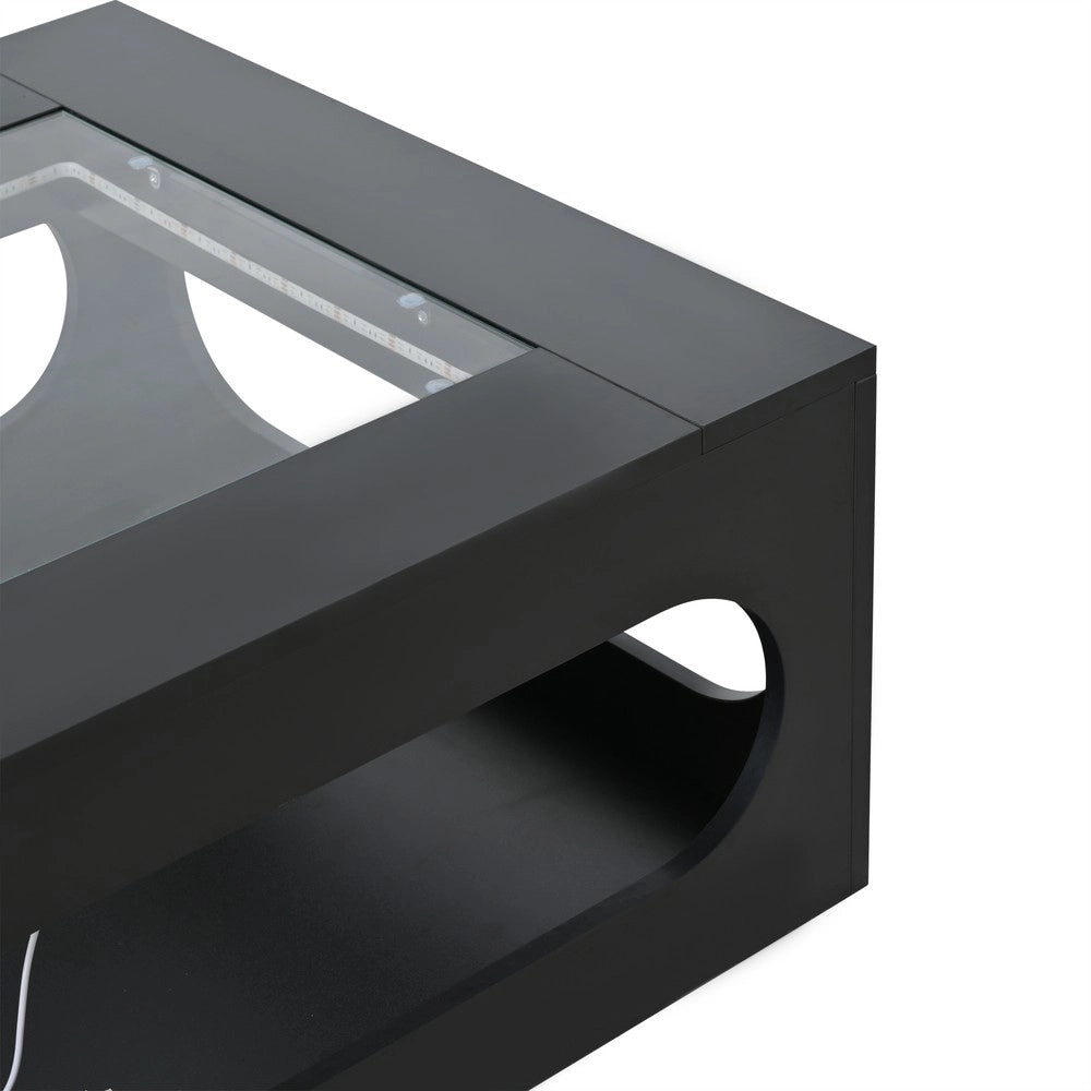 Tavolino da Salotto Quadrato con Piano in Vetro Temperato e LED ¨C MINIMAL ¨C Nero, MDF, 70x70x35