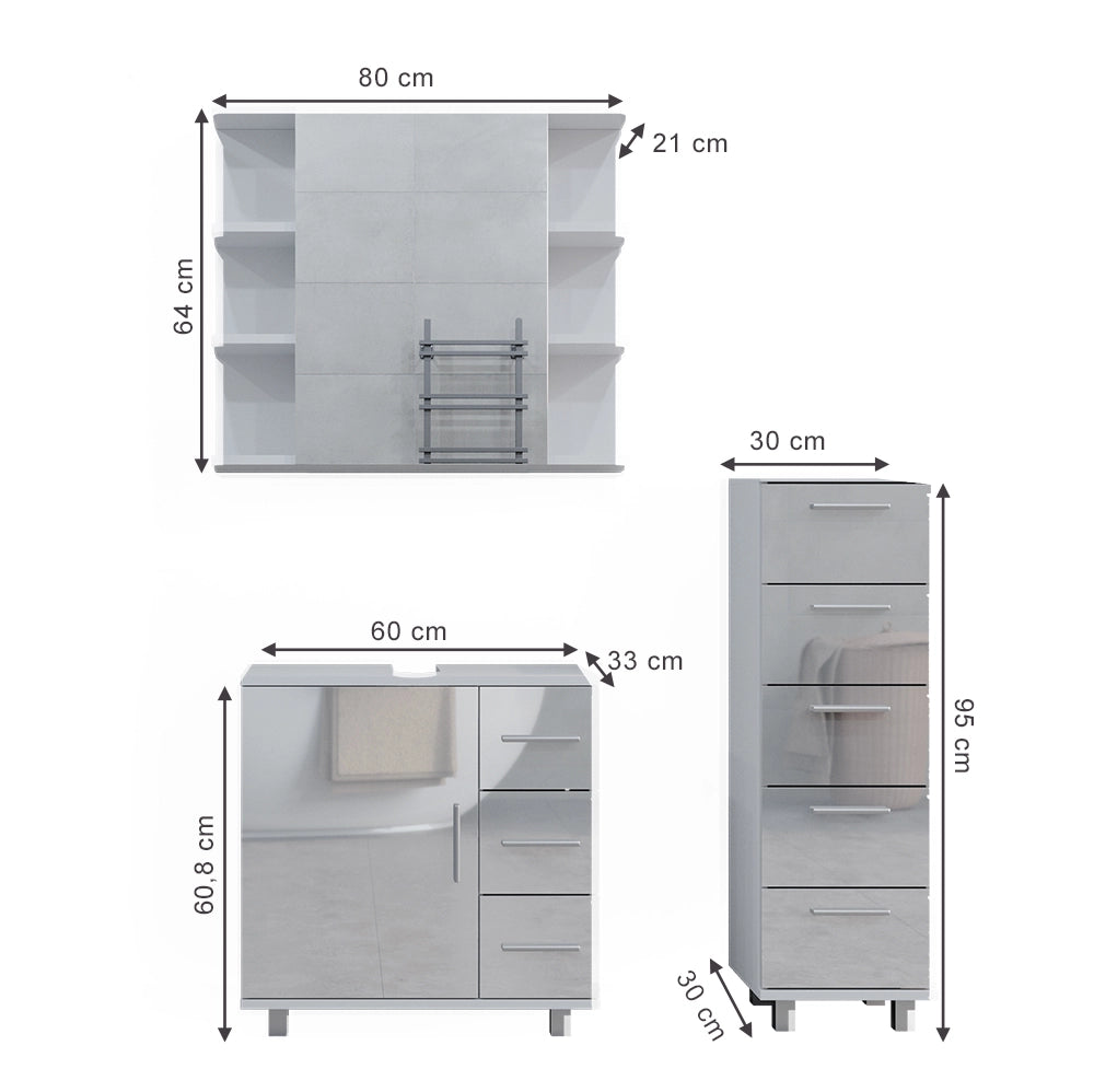 Vicco Set mobili bagno Bianco lucido 3 parti, con armadio midi