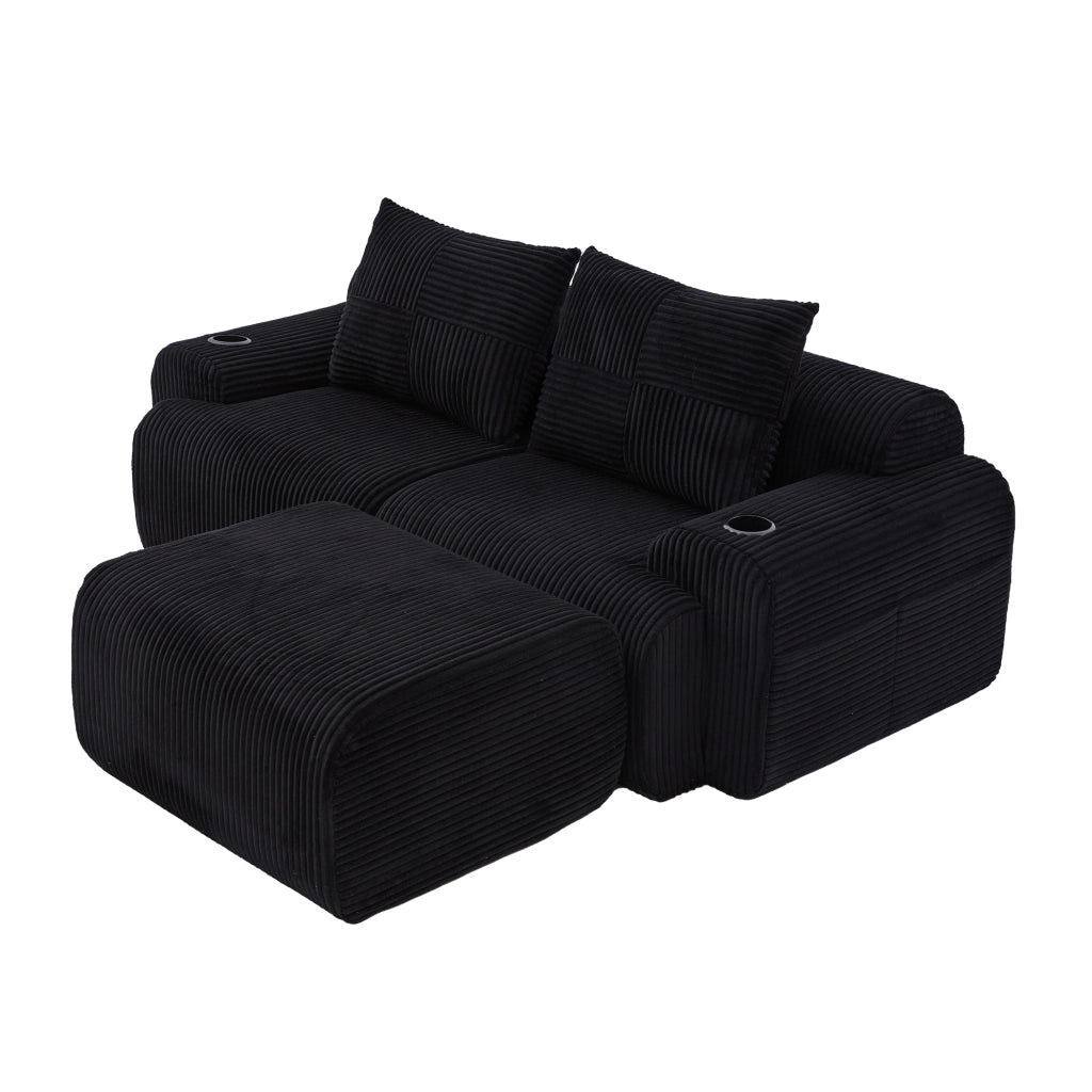 Divano modulare a 2 posti in corduroy nero con portabicchieri e tasca laterale, 200x174x80 cm
