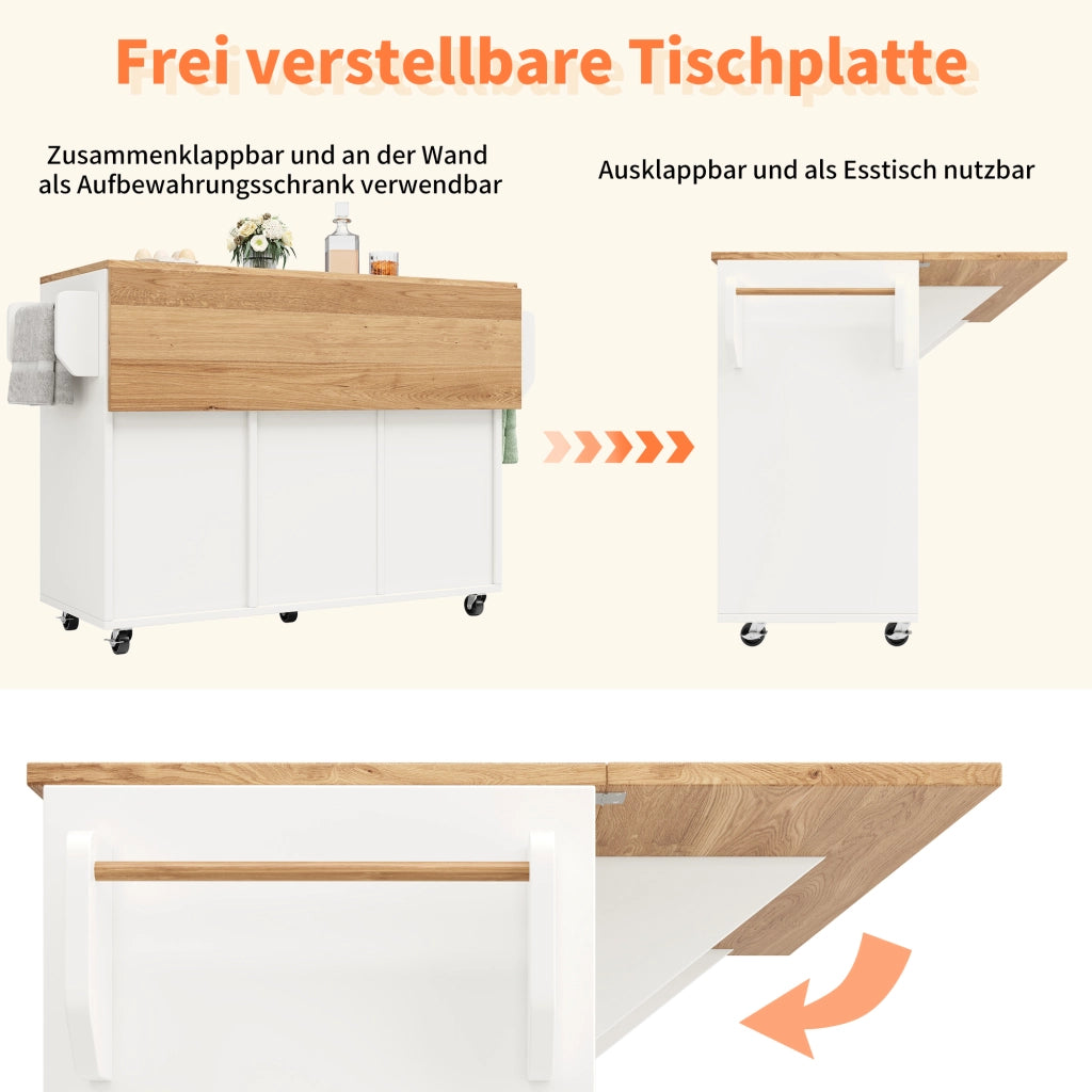 CARRELLO CUCINA PIEGHEVOLE 120 x 43,2/71,2 x 92 cm MDF BIANCO