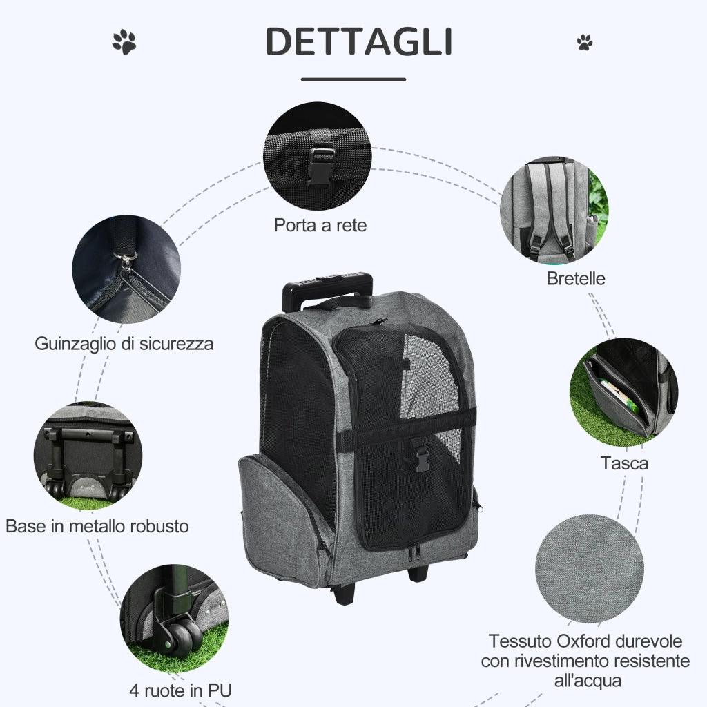 Trolley Zaino Trasportino per Cani e Gatti 42x25x55 cm in Oxford con Rete Traspirante Grigio