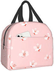 Lunchtas isolata con fiori di ciliegio giapponese e fiori rosa, borsa pranzo riutilizzabile, borsa portatile per cibi, borsa per picnic, ufficio, lavoro acqua resistente