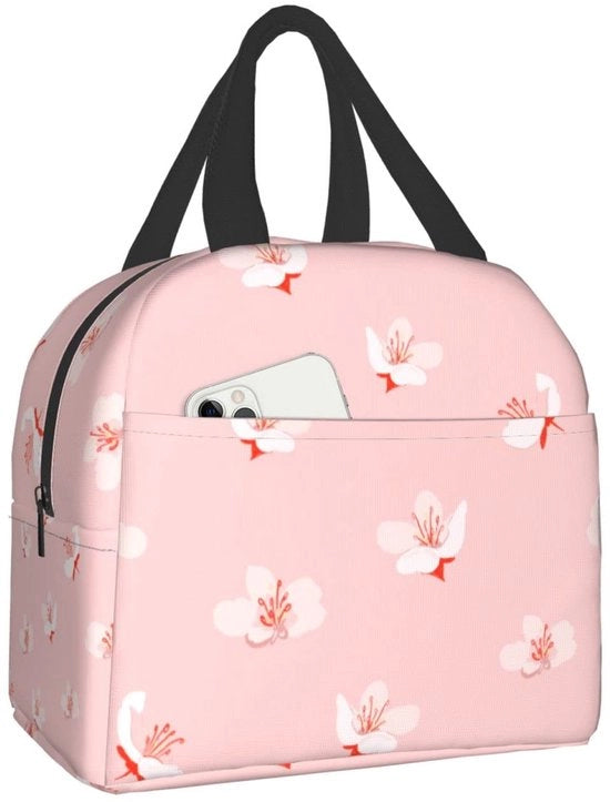 Lunchtas isolata con fiori di ciliegio giapponese e fiori rosa, borsa pranzo riutilizzabile, borsa portatile per cibi, borsa per picnic, ufficio, lavoro acqua resistente