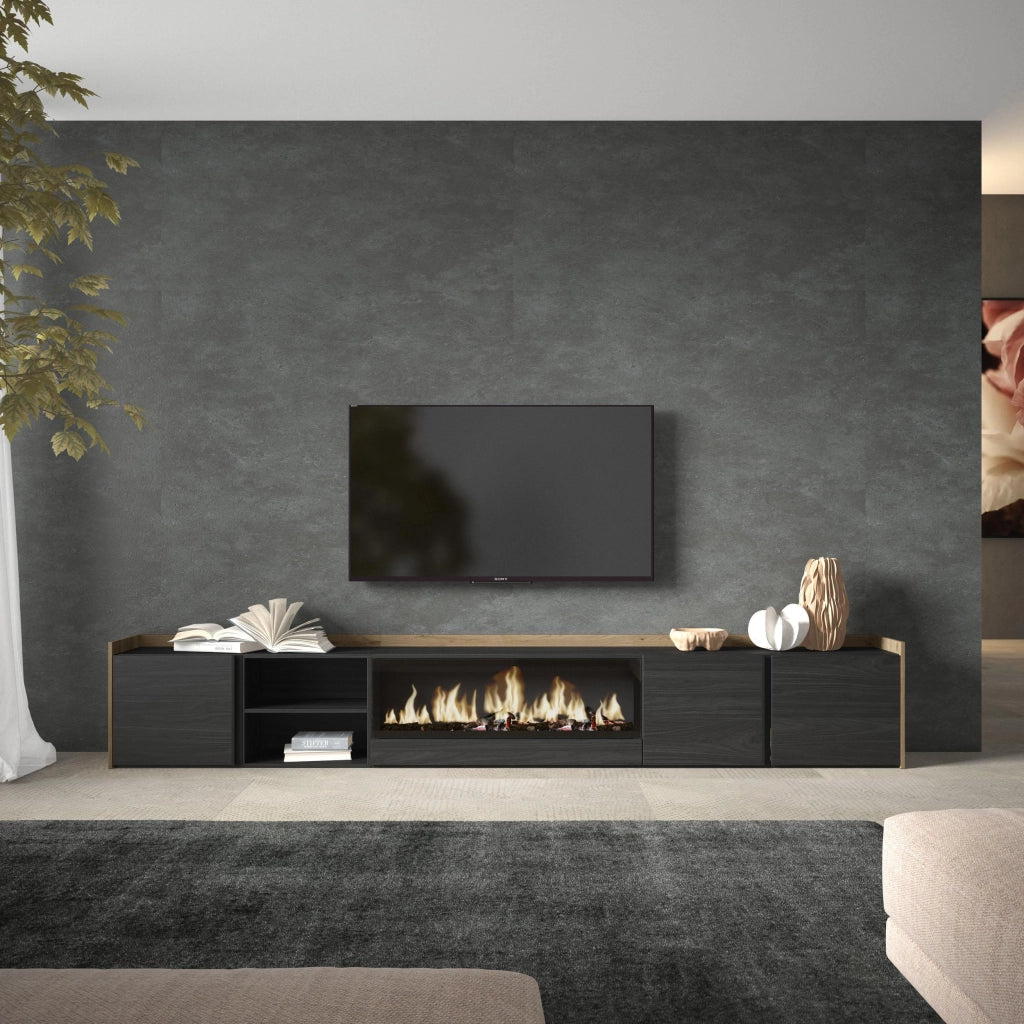 Mobile TV Soggiorno, 315x50x35 cm, Per TV fino a 80", Camino elettrico XXL, Nero e rovere
