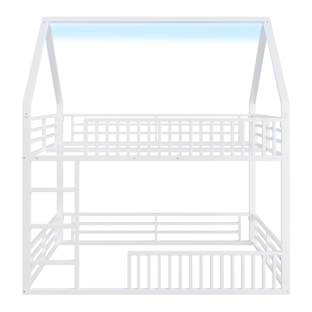 Letto a Castello 140x200 cm; 2 Posti; con LED e Parapetto a Staccionata; in Metallo; Bianco