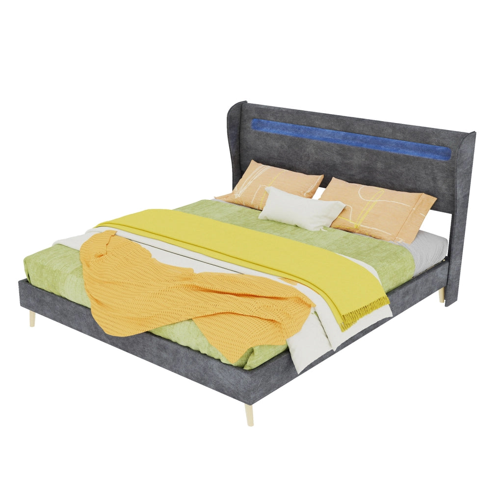 Letto basso 160x200 cm con testiera regolabile e LED multicolore; grigio