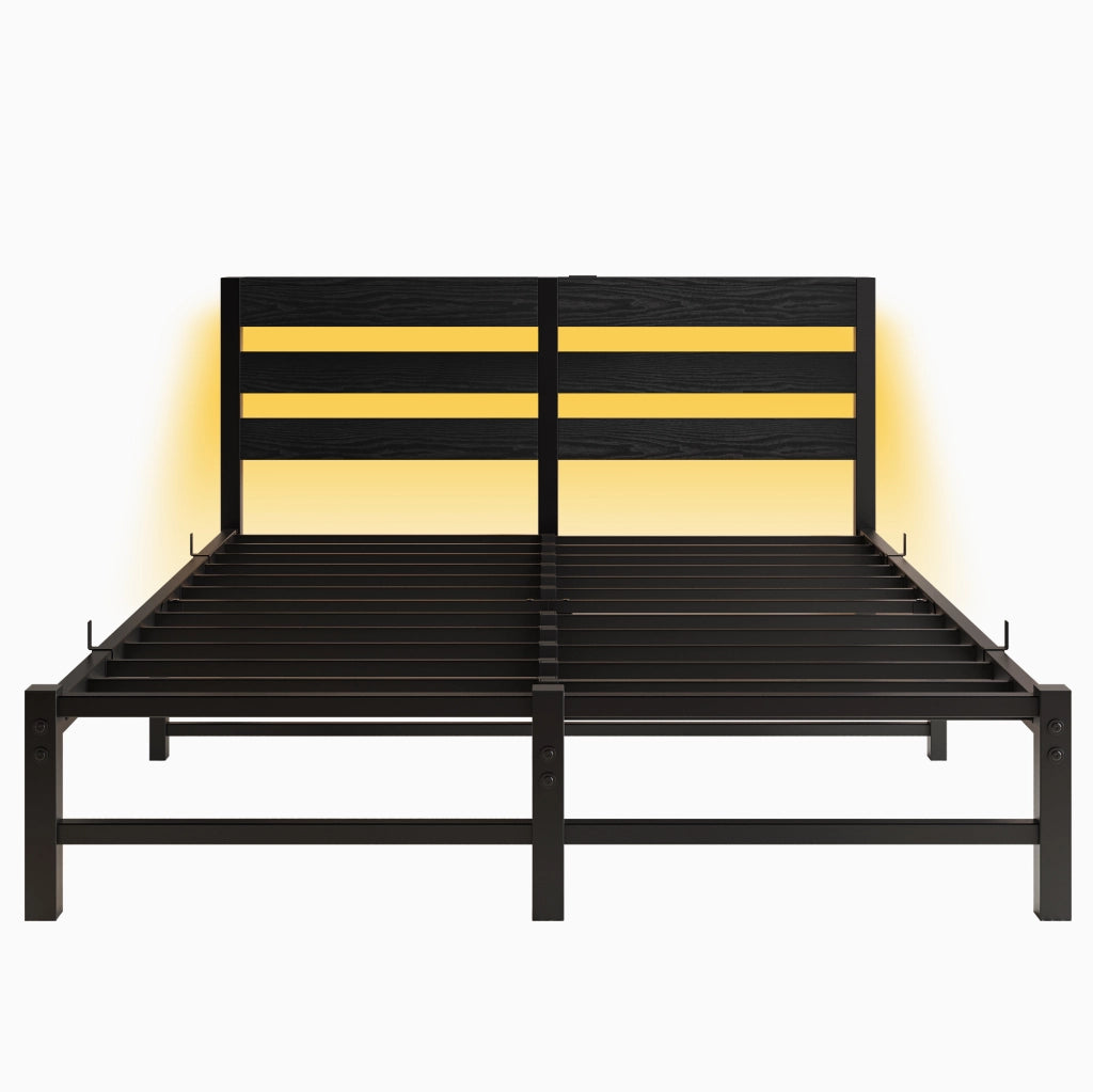 Letto in metallo 140x200 cm con LED RGB, 2 USB e contenitore sottoletto, nero