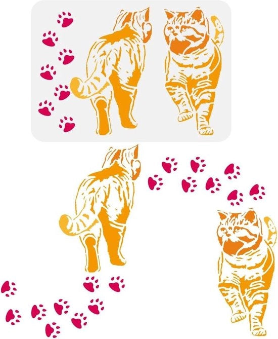 Stampo per pittura a forma di gatto - 21x29,7cm - Template riutilizzabile per impronte di gatto con vista anteriore e posteriore - Stencil per pittura a tema animali scavati