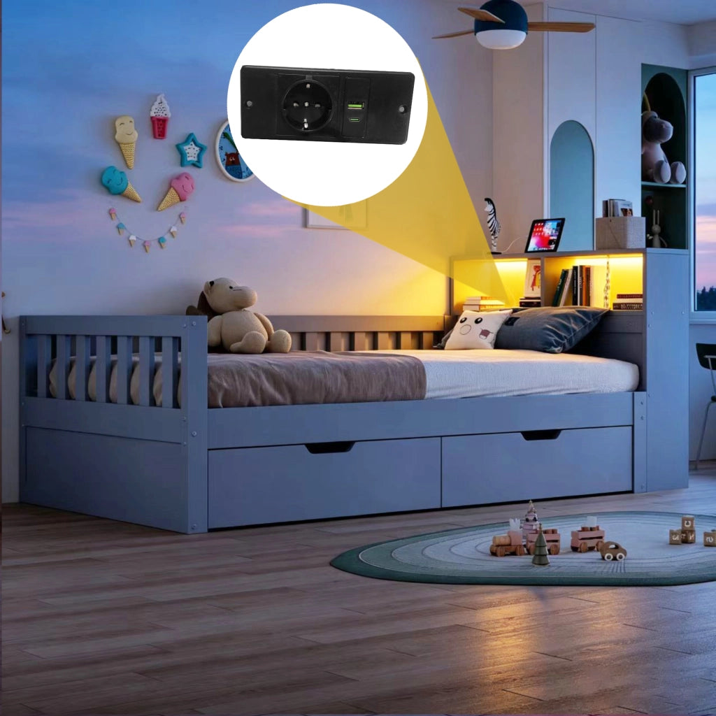 Letto singolo 90 × 200 cm con cassetti, ripiani, illuminazione led, prese usb e type-c, senza materasso, grigio