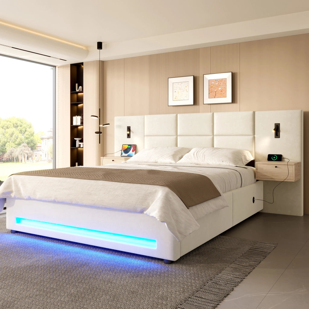 Letto imbottito 180x200 cm con contenitore; USB-C e LED in velluto beige