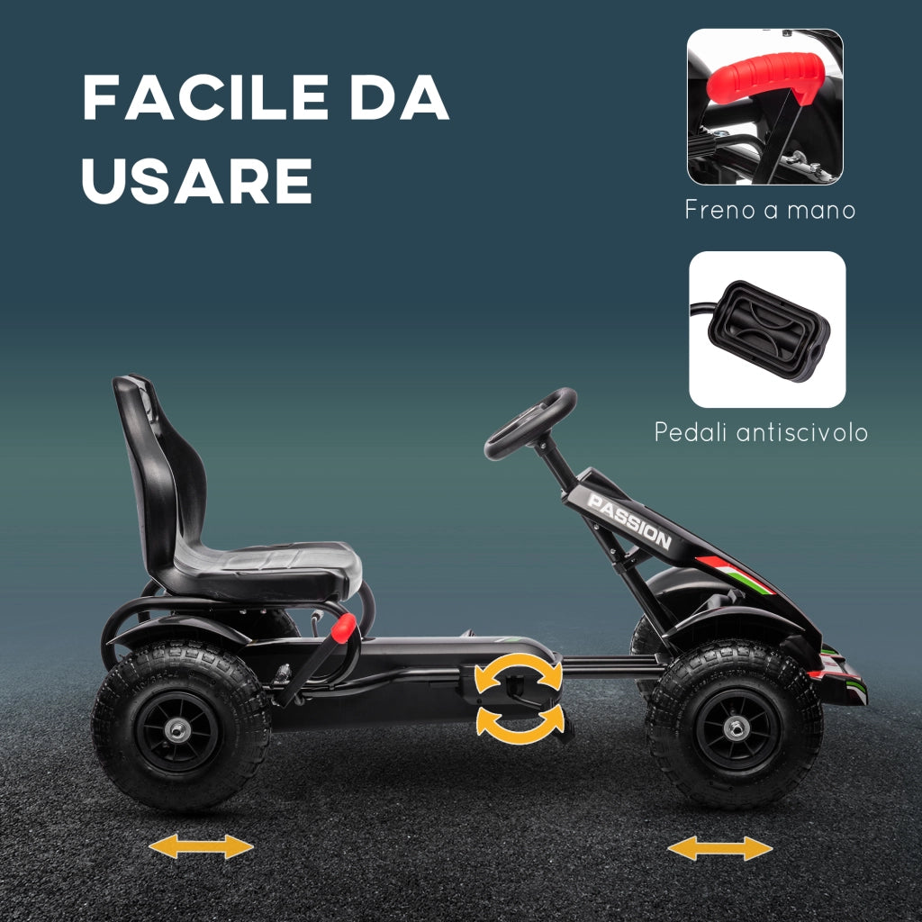 Go Kart a Pedali per Bambini 5-12 Anni con Sedile Regolabile e Freno a Mano Nero