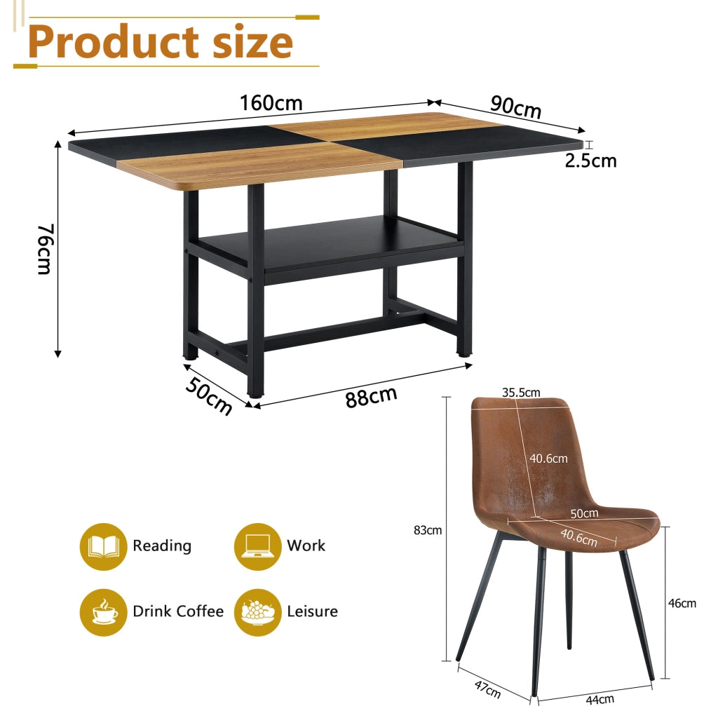 Tavolo da pranzo per 4 persone con ripiano contenitore e 4 sedie stile moderno in MDF e metallo marrone nero 160 cm