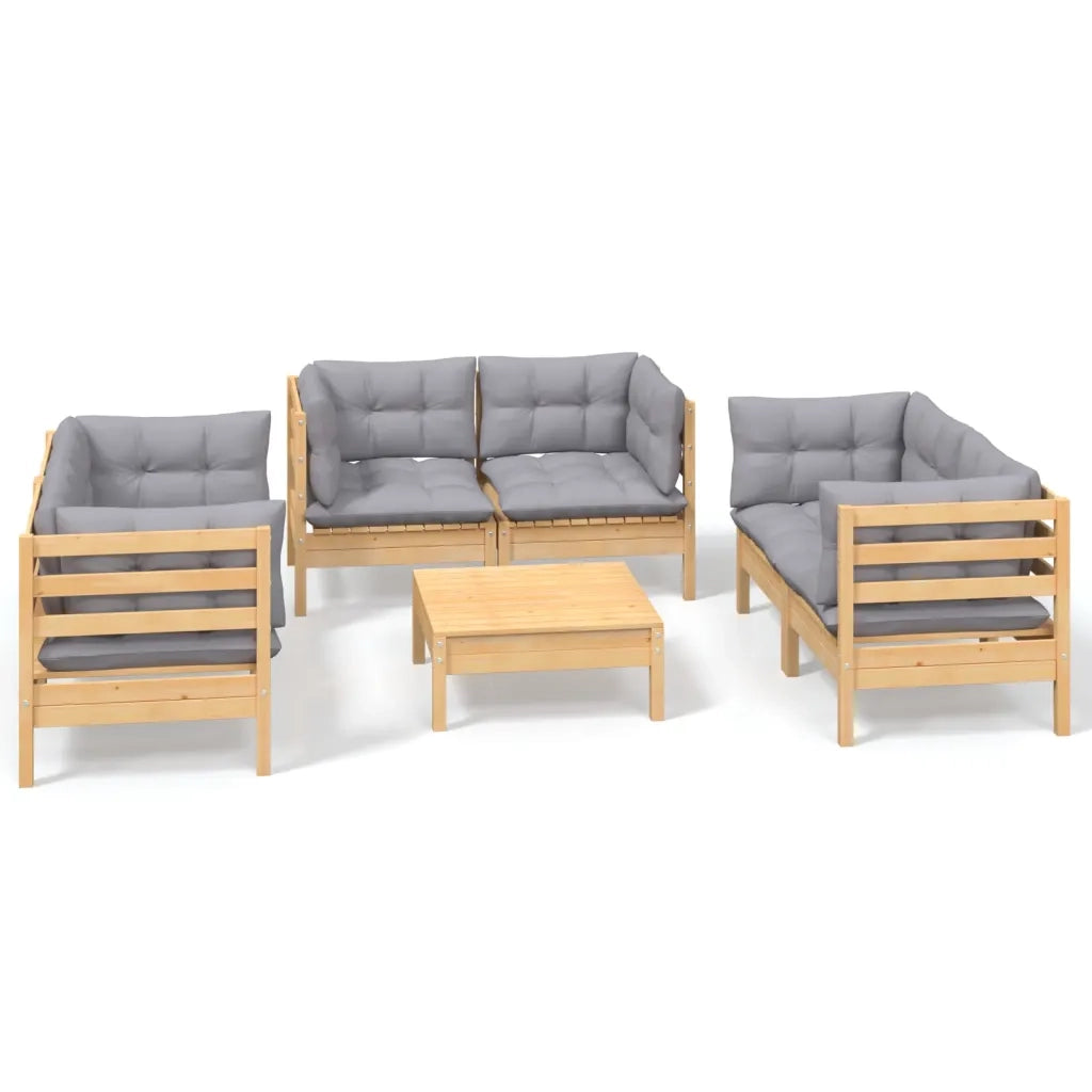 Set Divani da Giardino 7 pz con Cuscini Grigi Massello di Pino 3096249