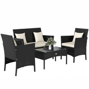Set da Giardino 4Pezzi in Rattan con 2 Sedie, Poltrona da Giardino a 2 Posti e Tavolino Basso